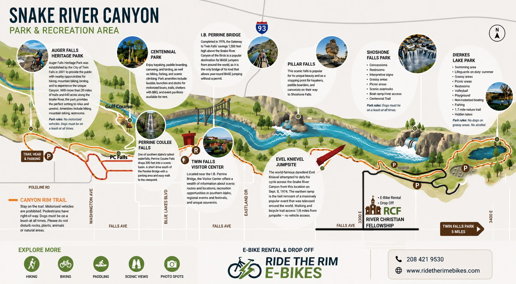 Map of a Snake River Canyon rim ride showing Shoshone Falls, Canyon Rim Trail, Perrine Bridge, Evel Knievel jump site, and Centennial Waterfront Park